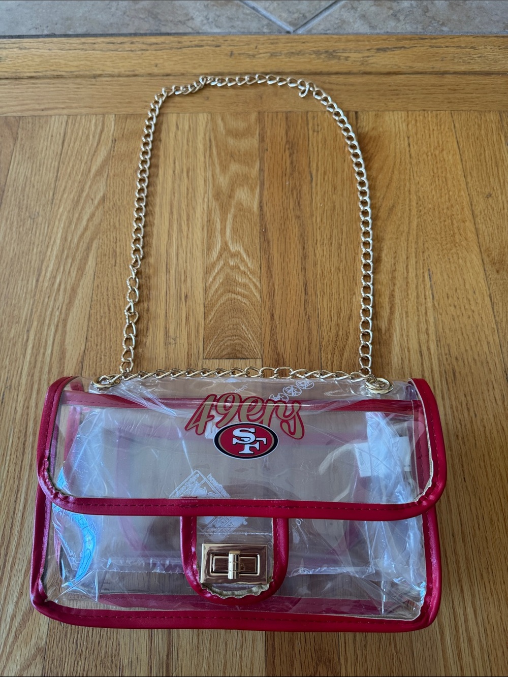 San Francisco 49ers Clear Crossbody Bag with Red Trim and Gold Chain